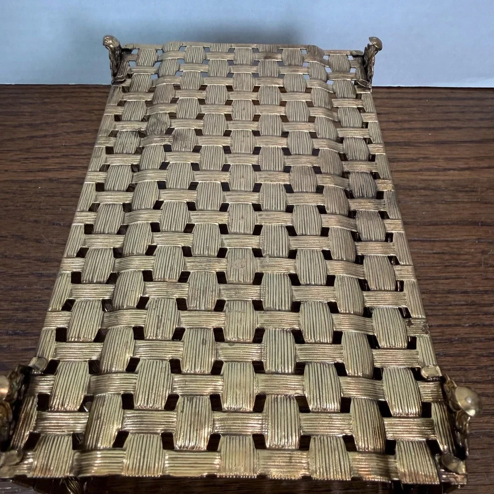 Hollywood Regency Gold Metal Towel Tissue Holder Woven Vanity Bathroom Decor